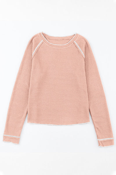 Women's Apricot Pink Textured Long Sleeve Blouse - Casual Round Neck Top for Everyday Comfort and Effortless Style