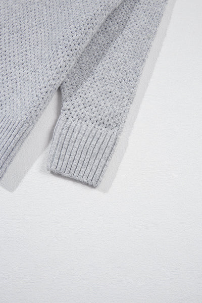Trendy Light Grey Loose-Fit Eyelet V-Neck Sweater for Women with Drop Shoulder Design for Effortless Chic Style