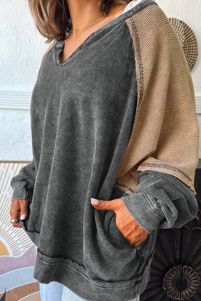 trendy women's dark grey color block sweatshirt with exposed seams - loose fit, casual mineral wash style made for easy styling and wardrobe with