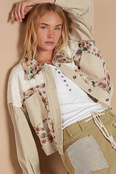 Floral Corduroy Quilted Button Down Jacket