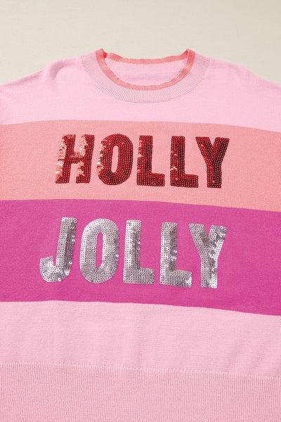 Cozy Women's Pink Sequined Color Block Crew Neck Sweater - Festive HOLLY JOLLY Style for Holiday Fashion