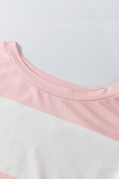 Women's Casual Chic Light Pink Colorblock Striped Long Sleeve Drop Shoulder Top for Effortless Everyday Style