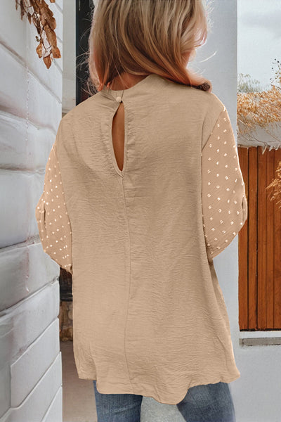 Elegant Women's Parchment Swiss Dot Balloon Sleeve Blouse - Loose Fit for Chic Casual Styles and Everyday Wear