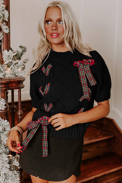 women's black plaid puff sleeve sweater with lace-up detail - stylish holiday top for festive occasions with practical styling and dependable