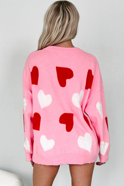 Cozy Women's Pink Heart Sweater with Pearl Embellishments - Cute Valentine's Day Gift in Comfortable Fit