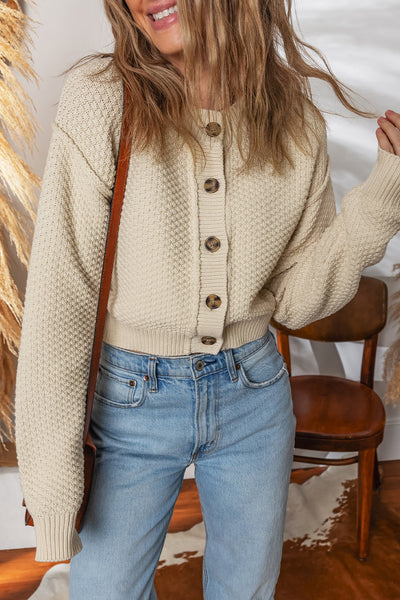 Stylish Women's Beige Cropped Cardigan Sweater - Cozy Button-Up Fit Perfect for Fall and Winter Layering