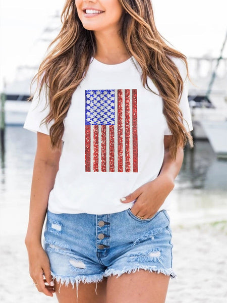 Shimmering White American Flag Print T-Shirt