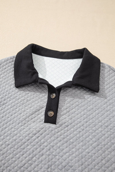 Women's Cozy Light Grey Colorblock Sweatshirt with Textured Fabric and Buttoned Collar for Casual Chic Looks