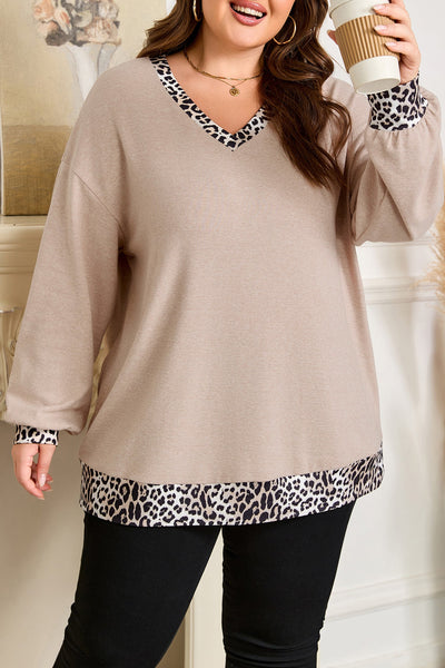 Women's Plus Size Leopard Trim V-Neck Tunic Top in Taupe
