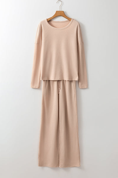 Cozy Women's Parchment Textured Long Sleeve Lounge Set with Pants - Stylish Casual Outfit for Relaxation and Comfort