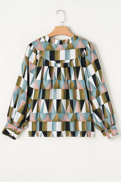 Stylish Women's Green Geometric Print Balloon Sleeve Shirt - Casual Loose Fit Top for Effortless Comfort