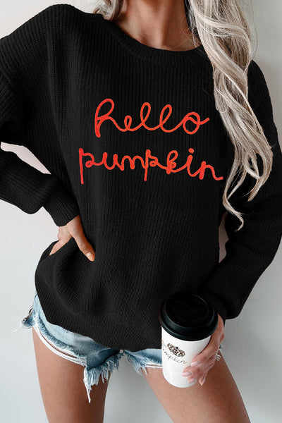 Cozy Women's Black Hello Pumpkin Graphic Sweater - Casual Fall Style for Halloween Celebrations and Everyday Wear