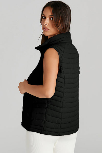 Cozy Women's Black Quilted Puffer Vest with Plush Collar and Zipper - Stylish Winter Outerwear for Cold Adventures