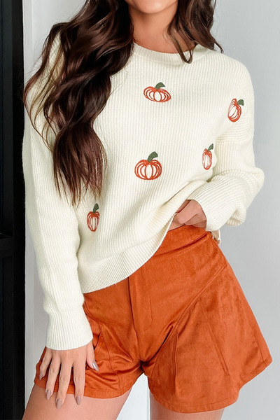 Cozy Women's Pumpkin Embroidered Sweater - Relaxed Fit Knitwear for Casual Fall Outings and Seasonal Style
