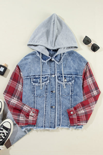 Women's Casual Beau Blue Plaid Denim Jacket with Hood and Raw Hem - Trendy Patchwork Style for Everyday Wear