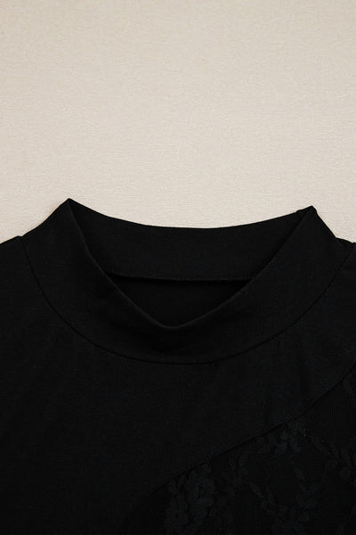 Trendy Women's Plus Size Black Sheer Long Sleeve Top with Lace Details and Asymmetric Cut for Effortless Style