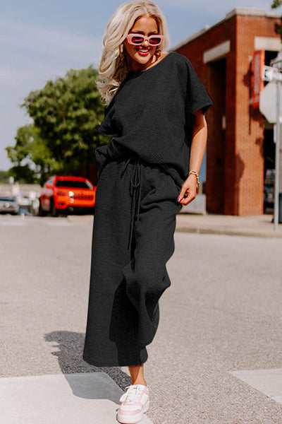 Chic Black Textured T-Shirt and Drawstring Pants Set for Women - Effortless Loose Fit Everyday Style