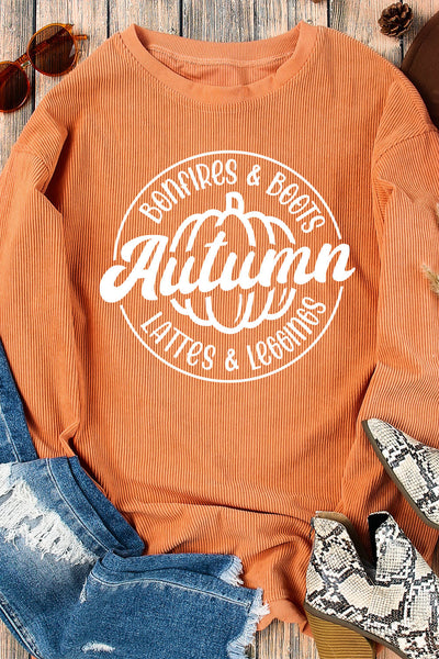 Women's Autumn Graphic Pumpkin Corduroy Sweatshirt in Rust Orange