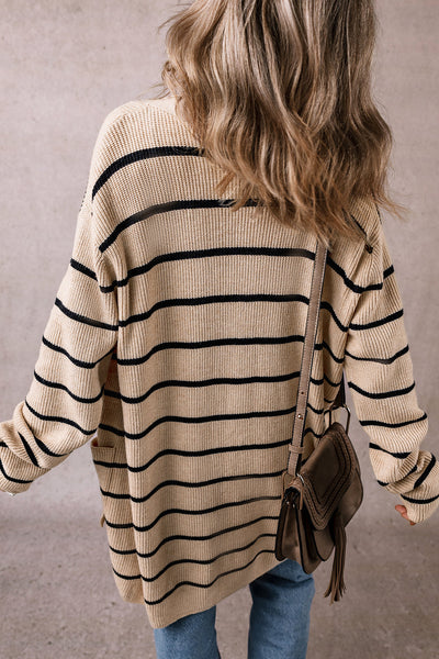 Chic Women's Black Stripe Open Cardigan with Shawl Neckline and Pockets - Cozy Layering Essential for Every Occasion