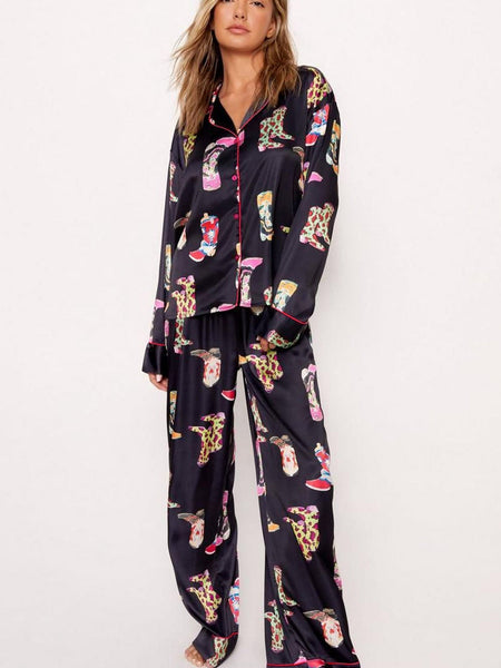 Women's Cowgirl Chic Satin Pajama Set with Western Print
