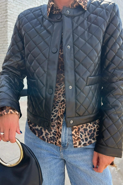 Stylish Women's Black Quilted Faux Leather Winter Jacket with Snap Buttons - Cozy Outerwear for Cold Weather Fashion
