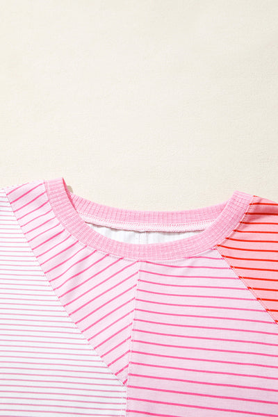 Women's Sachet Pink Patchwork Striped Long Sleeve Knit Top