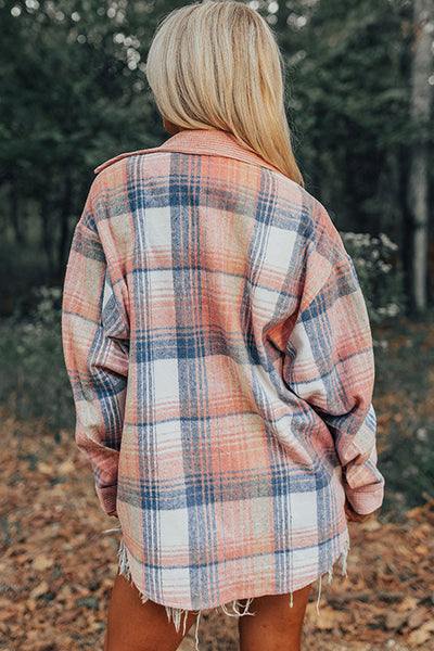 Stylish Women's Light Pink Plaid Corduroy Shacket with Patchwork Design and Chest Pocket for Trendy Layering