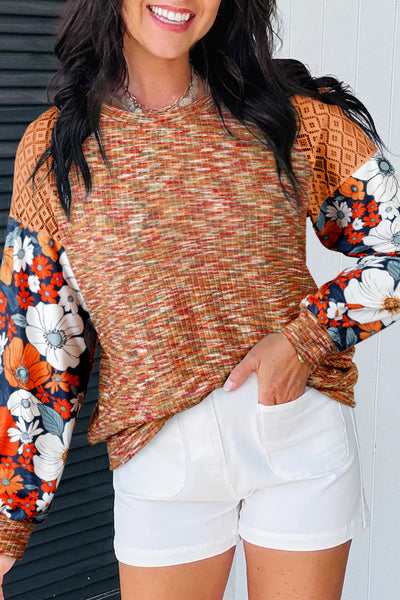 Stylish Women's Orange Heathered Knit Long Sleeve Blouse with Floral Lace Patchwork - Comfortable Everyday Top