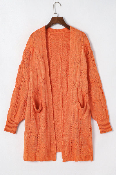 Classic Cable Knit Open-Front Cardigan with Ribbed Trim