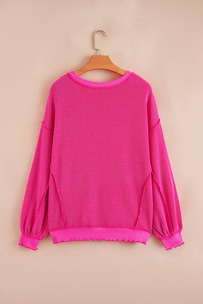 Women's Pink Festive Santa Patch Ribbed Long Sleeve Graphic Top