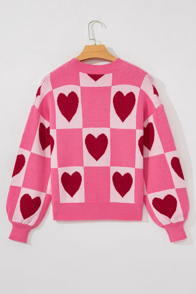 Cozy Women's Pink Heart Checkered Sweater - Cute Crew Neck for Valentine‚Äôs Day and Romantic Outings