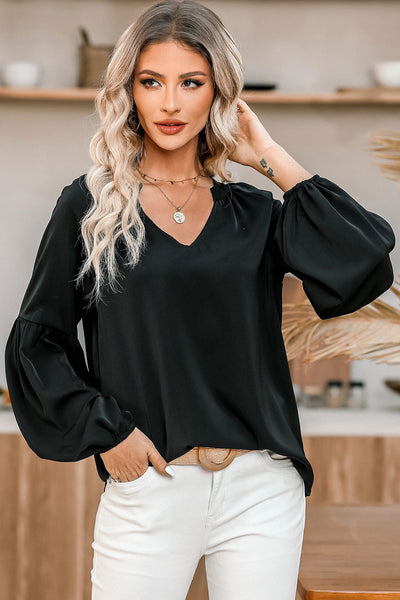Chic Women's Black V-Neck Puff Sleeve Top Stylish & Comfortable for Effortless Casual Outfits
