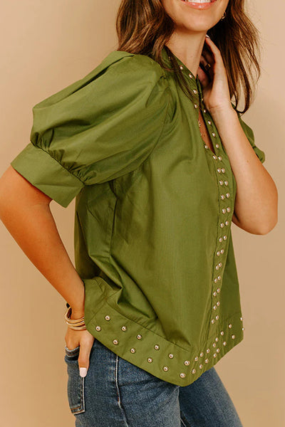 Chic Women's Fern Green V-Neck Blouse with Short Puff Sleeves and Rivet Details for Trendy Style