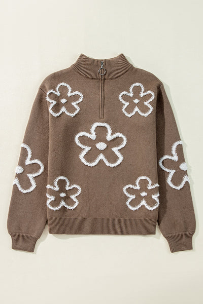 Trendy Women's Half-Zip Floral Sweater in Parchment with Stand Neck - Cozy Fall Essential for Stylish Outfits