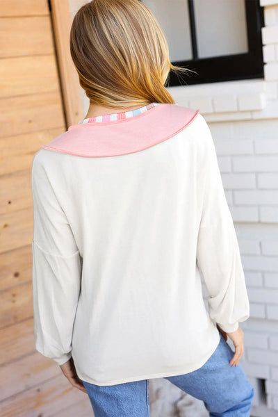 Women's Relaxed V-Neck Patchwork Top with Rainbow Stripe Detail