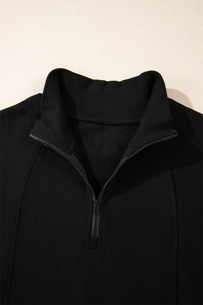 Cozy Women's Black Drop Shoulder Sweatshirt with Zipped Neck - Stylish Casual Pullover for Everyday Comfort