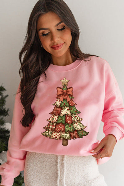 Patchwork Christmas Tree Crewneck Sweatshirt in Pink with practical styling and dependable silhouette control.