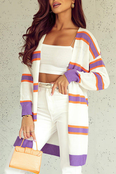 Stylish Women's Beige Striped Long Sleeve Cardigan with Ribbed Trim and Button Details for Effortless Everyday Elegance