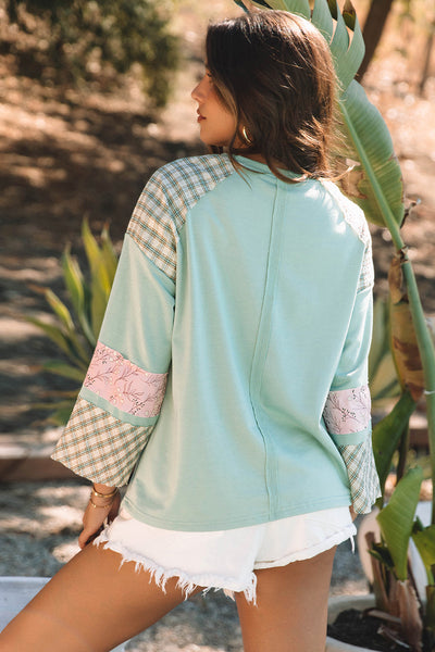 Women's Aqua Plaid Floral Graphic Long Sleeve Top with Peace Heart Design - Stylish Casual Comfort for Everyday Wear