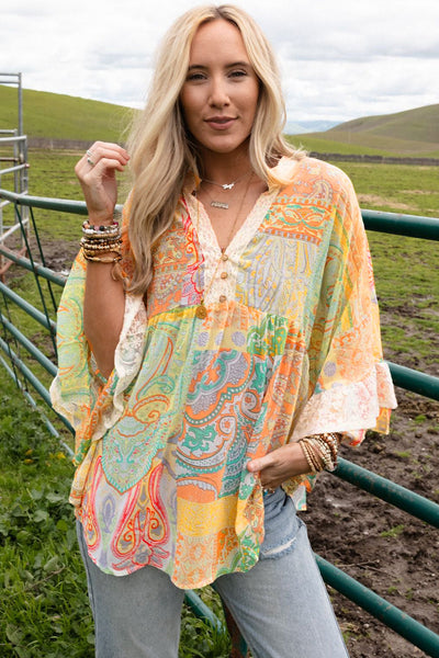 Vintage Map Print V-Neck Long Sleeve Blouse with Casual Flair