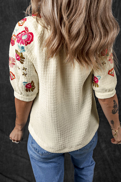 Chic Women's Beige Floral Embroidered Puff Sleeve Blouse with Textured Fabric and Ricrac Trim for Effortless Style