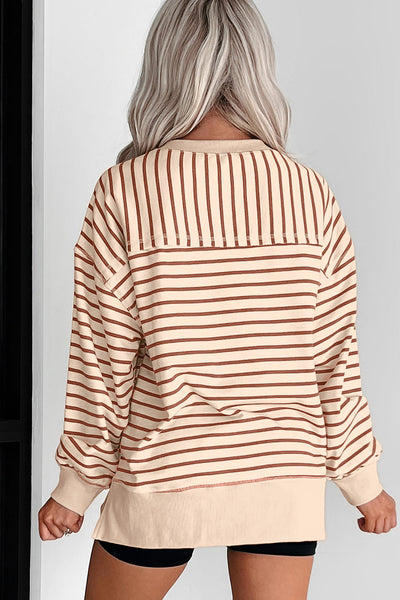 Cozy Women's Khaki Striped Baggy Sweatshirt with Ribbed Cuffs and Trendy Seam Detail for Effortless Style