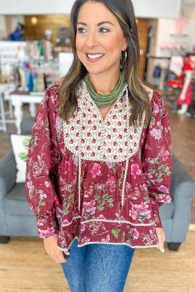 Chic Women's Red Floral Blouse with Contrast Yoke, Striped Trim & Long Puff Sleeves for Effortless Style