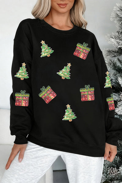 Women's Black Sequin Christmas Tree Sweatshirt with Drop Shoulders
