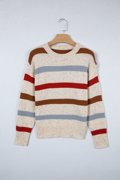 Women's Beige Multi-Stripe Knit Sweater with Wool Blend