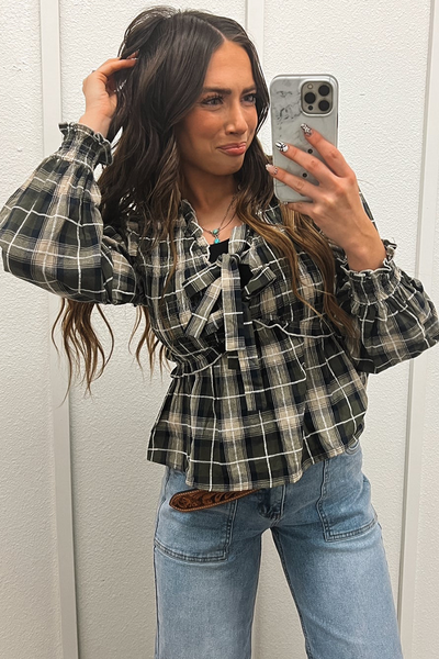 Stylish Women's Black Plaid Blouse with Ruffle Trim and Front Tie - Comfortable Everyday Top for Effortless Chic