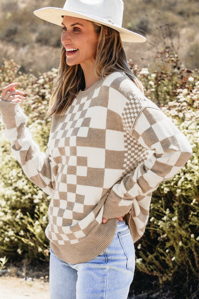 Cozy Women's Khaki Checkered Drop Shoulder Sweater - Casual Chic Round Neck Pullover for Effortless Style