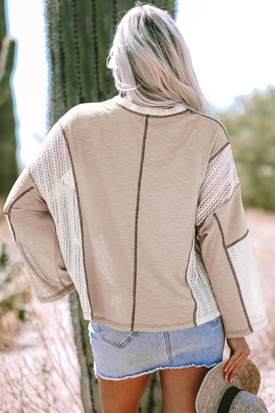 Women's High-Low Loose Top in Parchment with Crochet Detail and Exposed Seams for Effortless Style and Comfort