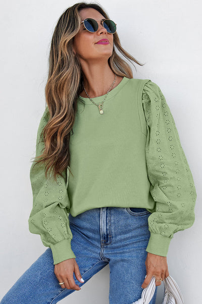 Casual Chic Women's Mist Green Solid Patchwork Sweatshirt - Long Sleeve Round Neck Top for Everyday Comfort
