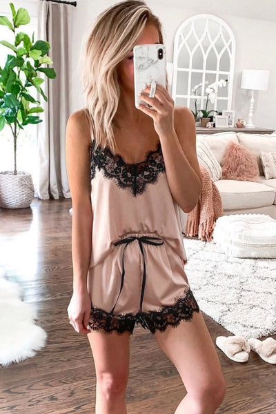 Elegant Satin Pajama Set with Black Lace